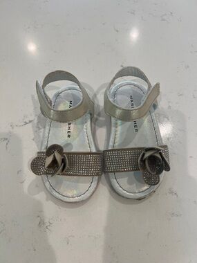 Marc Fisher Metallic Silver Girls Sandals with Rhinestone Floral Accent